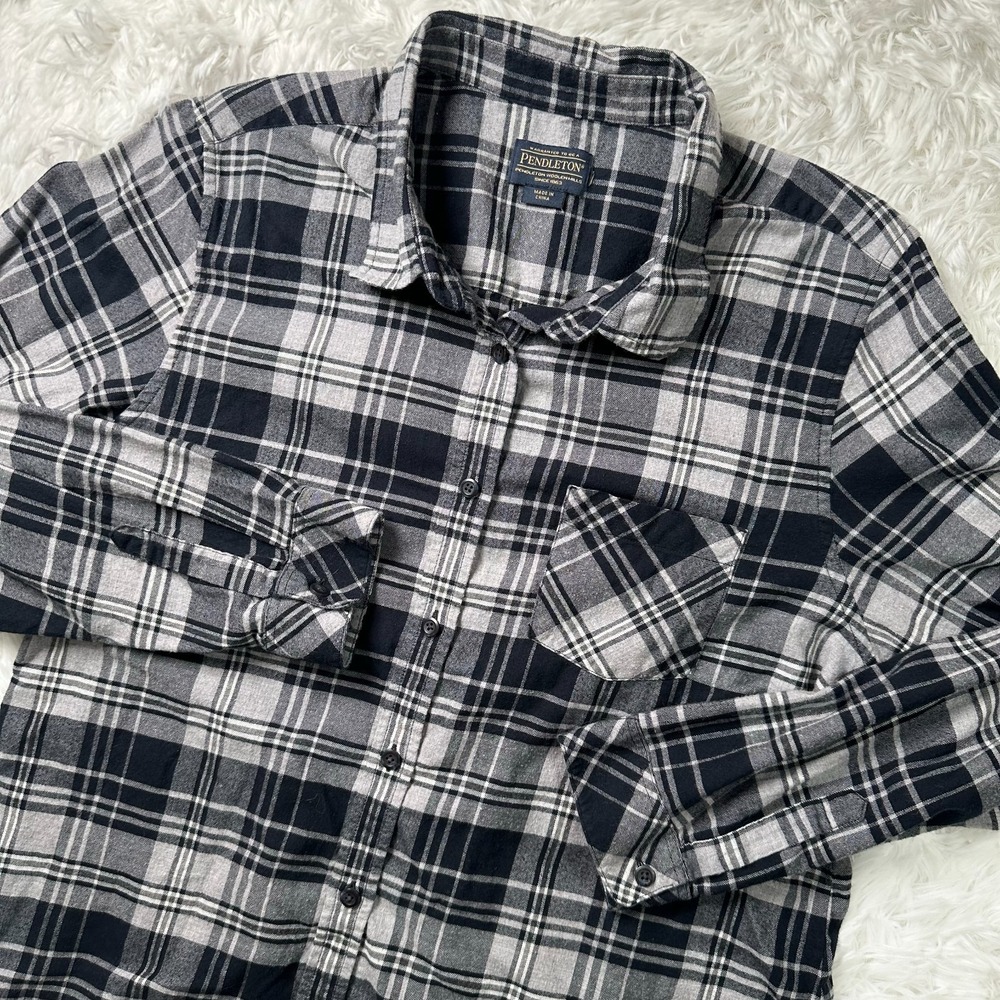 Pendleton Mens S Gray Black Plaid Flannel Button Up Shirt Long Sleeve Cotton